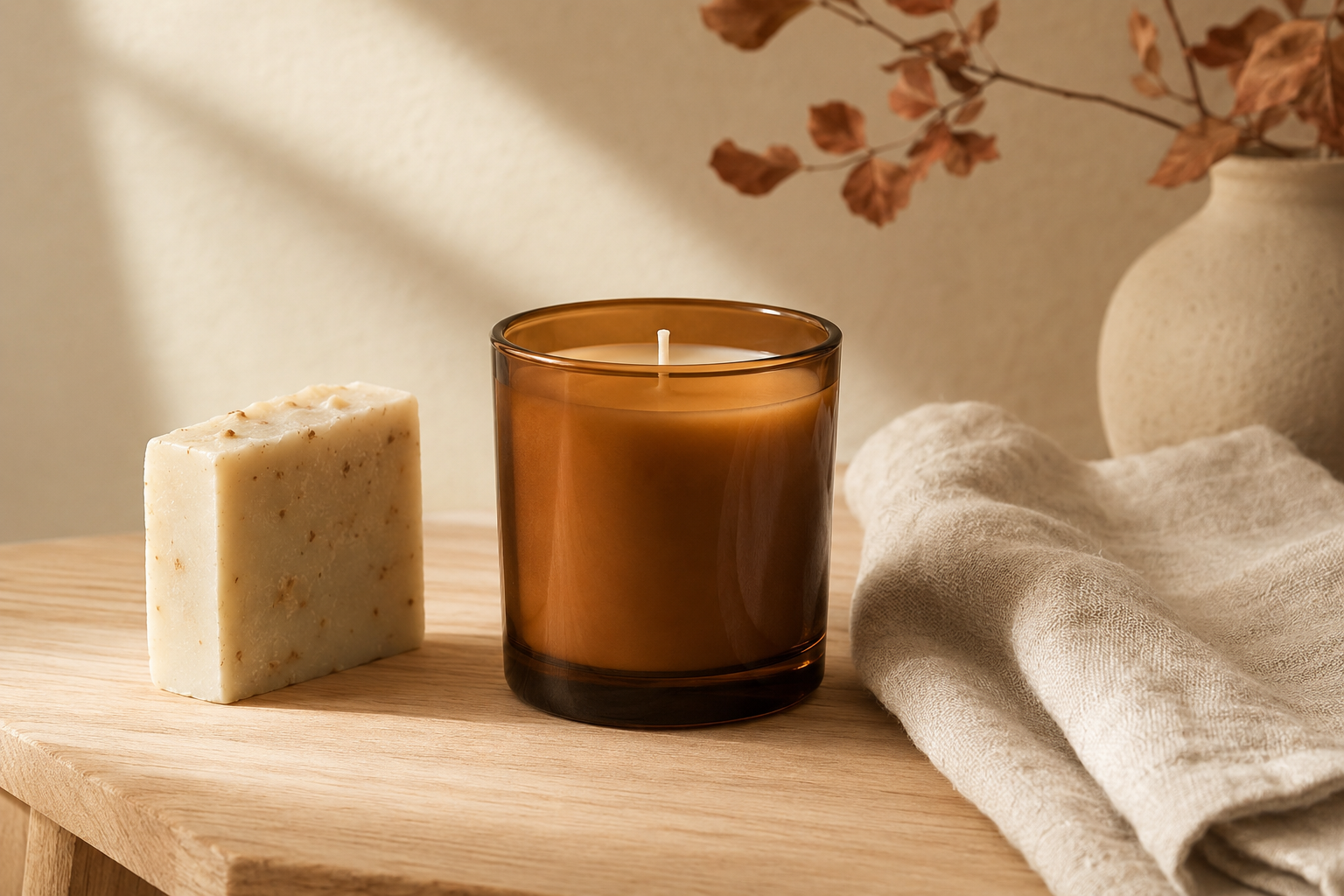 Amber candle, handmade soap and linen arranged on wood